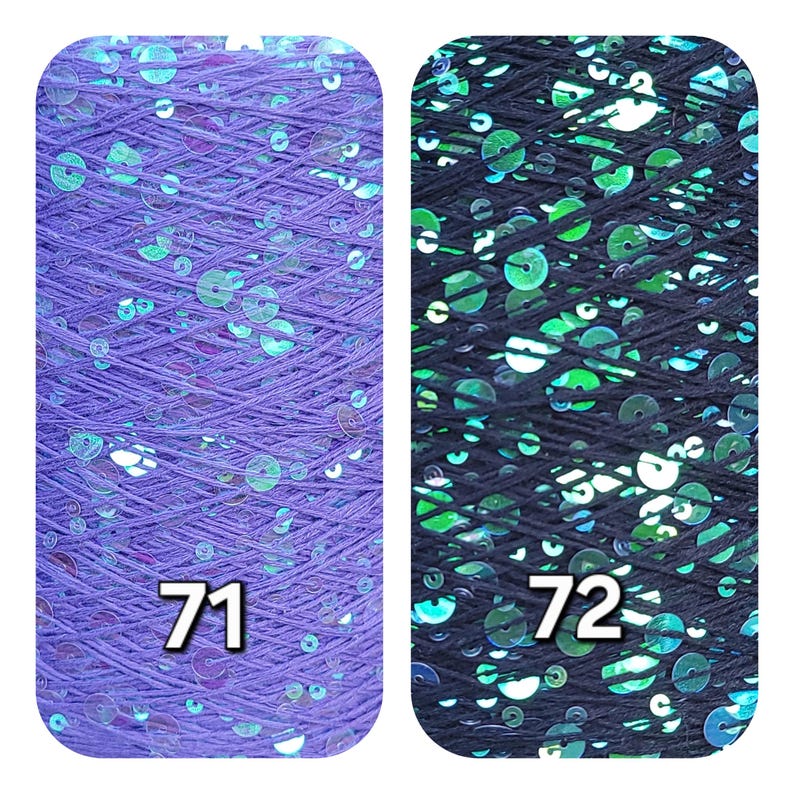 May include: Two rectangular spools of yarn featuring iridescent sequins. The left spool is purple with the number 71 printed in white. The right spool is black with green sequins and the number 72 printed in white. Both spools have rounded corners.