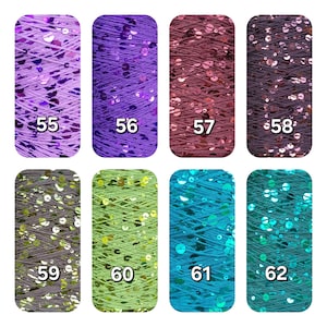 May include: Eight spools of yarn with sequins, labeled 55 through 62. Colors include light purple, deep purple, maroon, dark brown, olive green, lime green, bright blue, and teal. Each spool features a consistent thread and sequin texture.