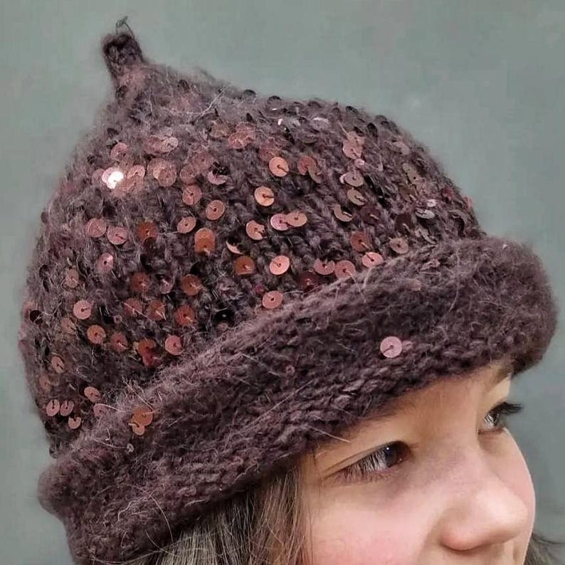 May include: A dark brown knit beanie with a pointed top and a folded brim. The hat is embellished with numerous small, round, dark brown sequins scattered across the surface, providing a subtle reflective texture to the fuzzy, textured yarn.