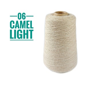 Pode incluir: Um carretel c&ocirc;nico de fio bege claro com textura felpuda. &Agrave; esquerda do carretel, o texto 06 CAMEL LIGHT est&aacute; impresso em verde-azulado, entre duas linhas horizontais. O fio est&aacute; enrolado firmemente em torno de um n&uacute;cleo de papel&atilde;o.