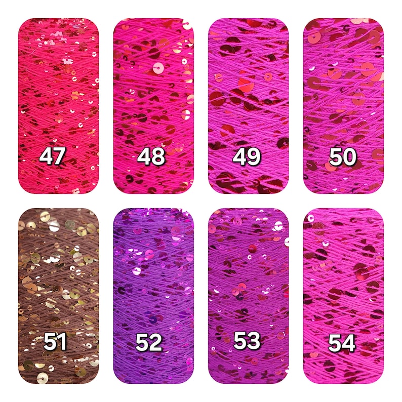 May include: Eight vertical spools of yarn arranged in two rows, labeled 47 through 54. The yarn features vibrant pink, purple, and brown hues, each intricately woven with reflective, circular sequins that catch the light across the textured surface.
