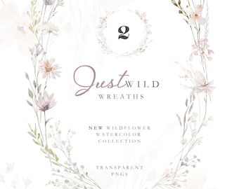 Könnte beinhalten: Ein Set aus zwei Aquarellkränzen mit zarten Wildblumen in Rosa-, Weiß- und Grüntönen. Die Kränze sind mit "Just Wild Wreaths" und "New Wildflower Watercolor Collection" beschriftet.