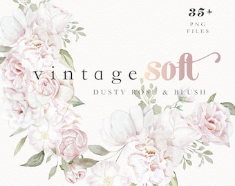 Dusty Rose and White Floral Clip Art, Watercolor Roses -  Watercolor Floral Clipart, Dusty Rose Wedding Clipart, Vintage Summer Florals, PNG