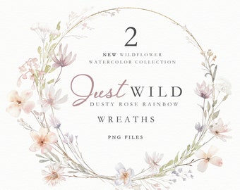 Könnte beinhalten: Ein Aquarellkranz mit staubigen Rosen und Regenbogenblumen in einem goldenen Kreisrahmen. Der Text "Just WILD Dusty Rose Rainbow Wreaths PNG Files" steht in der Mitte des Rahmens.