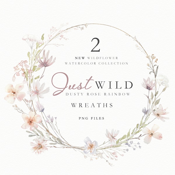 Watercolor Wildflowers, Dusty Rose Wildflower Wreath Clipart, DIY Watercolor Floral Wreath Clipart, Wedding Clipart, Summer Spring Floral