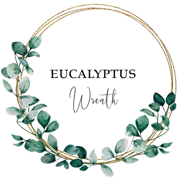 Watercolor Eucalyptus Wreath with Gold Frame, Wedding Invites, Gold Frame, PNG Clip Art, Digital, Transparent