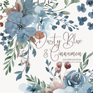 Clipart floral aquarelle bleu poudré Fleurs aquarelle bleu marine Mariage bleu et marron printemps été automne hiver Utilisation commerciale.