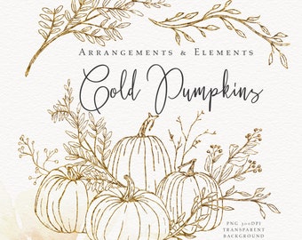 Może przedstawiać: Złote, błyszczące dynie i liście na tle akwarelowym. Tekst "Gold Pumpkins" jest napisany kursywą.