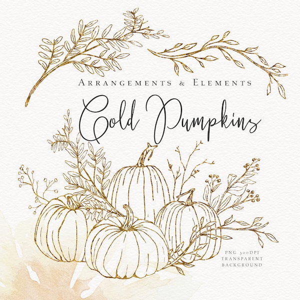 Fall Clipart Pumpkin Line Art Gold Autumn Clipart Hand Drawn Pumpkins and Vines Autumn Wedding Invite Clip Art Halloween Clipart