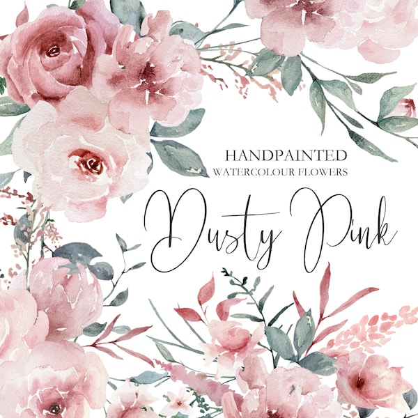 Dusty Rose Watercolor Florals, Dusty Pink watercolor flowers Wedding Invite Clip Art, Spring Summer Commercial use