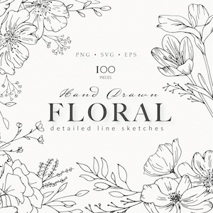 Floral Line Art, Wildflower Line Art, Botanical Line Art SVG, Flower Clip Art, Wedding Flowers PNG, Vector Flowers and Plants