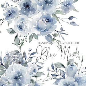 Dusty Blue Aquarell Florals, Baby Blaue Aquarell Blumen einzelne Elemente png Clip Art Hochzeit einladen, viktorianische Hellblaue Florals
