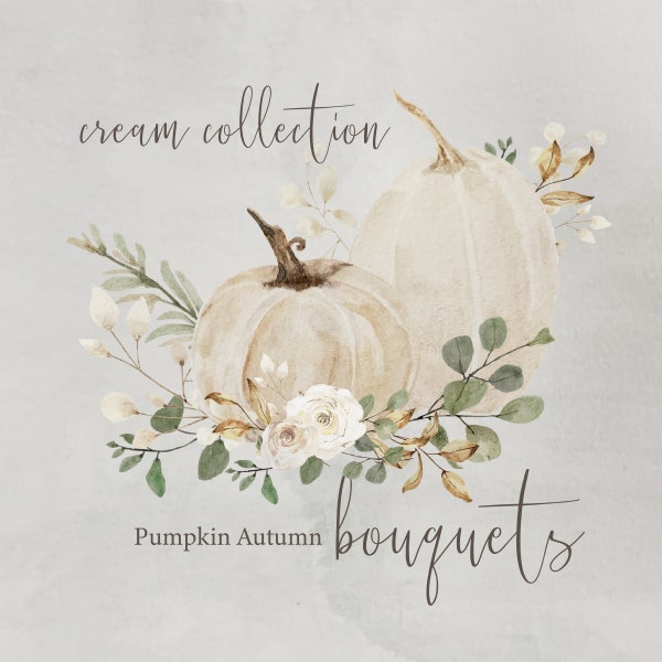 Cream Pumpkins Watercolor Rustic Fall Autumn Scene Clip Art, Thanksgiving, Leaves Branches PNG Transparent Farmhouse