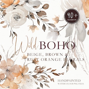 Flores silvestres em aquarela laranja ferrugem, clipart de flores silvestres em aquarela de outono neutro, clipart de convite de casamento floral rústico outono verão png,