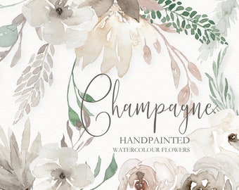 May include: Watercolor illustration of delicate, blush-colored flowers with green leaves. The text "Champagne" is written in cursive script with the words "Handpainted Watercolor Flowers" below.