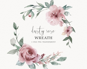 Rustic BOHO Dusty Rose Watercolor Wreath Pink Flowers Wedding Wreath Holiday Wreath Farmhouse PNG Clip Art