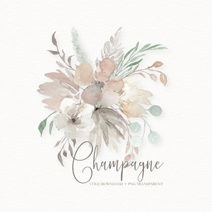 BOHO Crème Aquarelle Floral Clip Art Champagne Aquarelle Floral Clip Art Neutre Mariage pour Printemps Été Automne Hiver Pâques