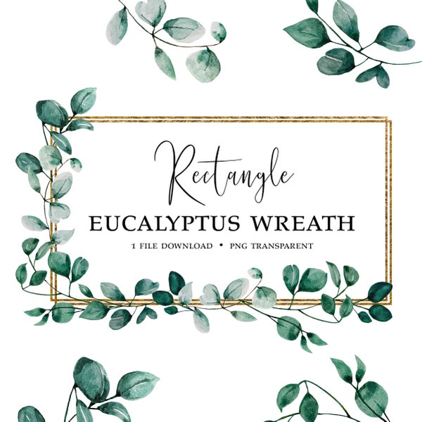 Watercolor Eucalyptus Wreath Rectangle Gold Frame, Wedding Invites, Gold Frame, PNG Clip Art, Digital, Transparent PNG