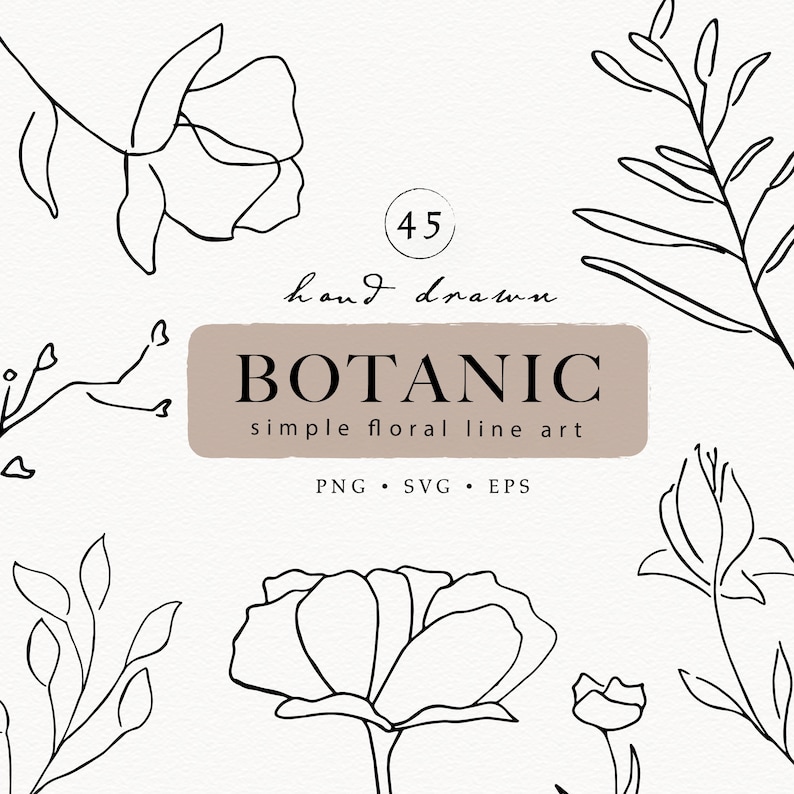 Botanical Minimalism Floral line art. Botanical Wedding, Shower, Baptism Invite Clip Art. SVG, PNG and EPS Vector Files available.