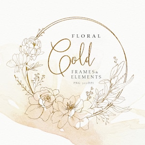 Gold Rahmen Blumen Clipart, Pfingstrose Gold Rahmen mit Gold Blumen Bio Botanische Hochzeit Linie Art Floral Wasserzeichen PNG kommerzielle Nutzung
