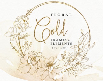 Gold Frame Floral Clipart, Peony Gold Frames with Gold Flowers Organic Botanical Wedding Line Art Floral Watermark PNG  Commercial Use