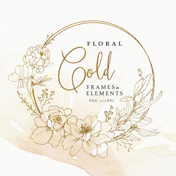 Gold Frame Floral Clipart, Peony Gold Frames with Gold Flowers Organic Botanical Wedding Line Art Floral Watermark PNG  Commercial Use