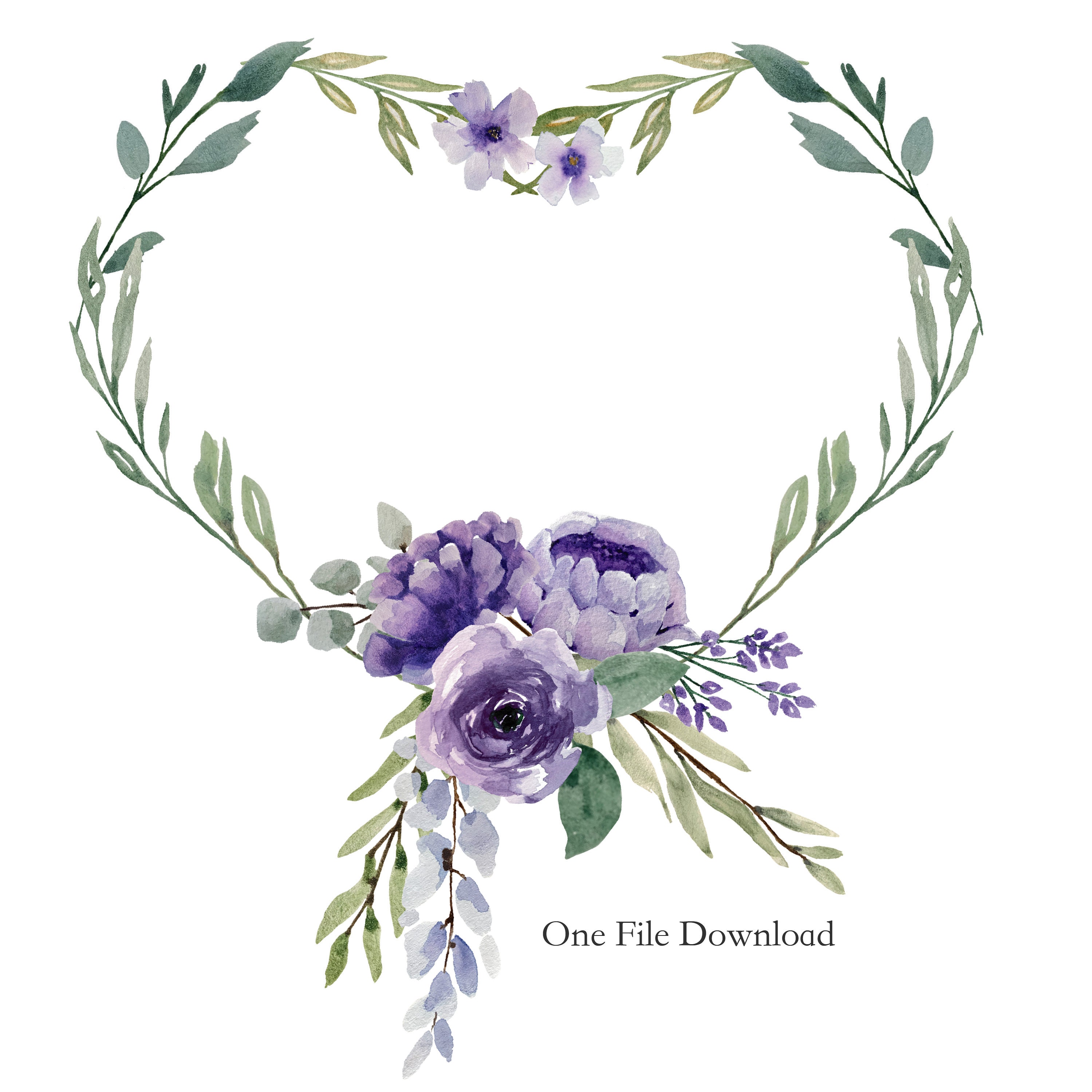 Purple Watercolor Floral Heart Wreath Purple Floral Clip Art Wedding ...