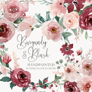 Aquarelle florale bordeaux et rose poudré, clipart d'invitation de mariage, été, automne, printemps, hiver