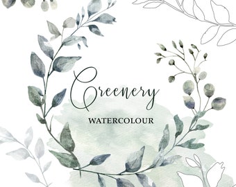 May include: Watercolor illustration of a wreath of green and gray leaves with the text "Greenery WATERCOLOUR" in the center.