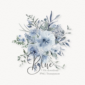 Dusty Blue Floral Watercolor, Baby Blue Lilacs, Roses watercolor hand painted arrangement png clip art Wedding Invites