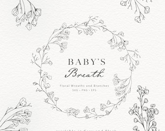 Baby&#39;s Breath Hand Drawn Floral Line Art Baby&#39;s Breath Wreath Clip Art Baby&#39;s Breath SVG BOHO Wedding Clip Art Shower Baptism Clip Art PNG