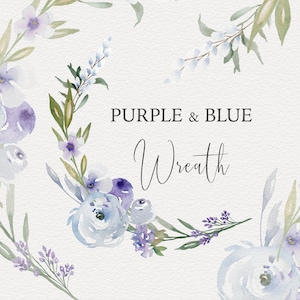 Purple and Blue Watercolor Wreath, Lilacs, Roses watercolour hand painted individual elements png clip art Greenery Wedding Invite