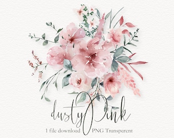 May include: Watercolor illustration of a bouquet of dusty pink flowers with green leaves and stems. The flowers are arranged in a loose, natural style. The text "dusty pink" is written below the bouquet.