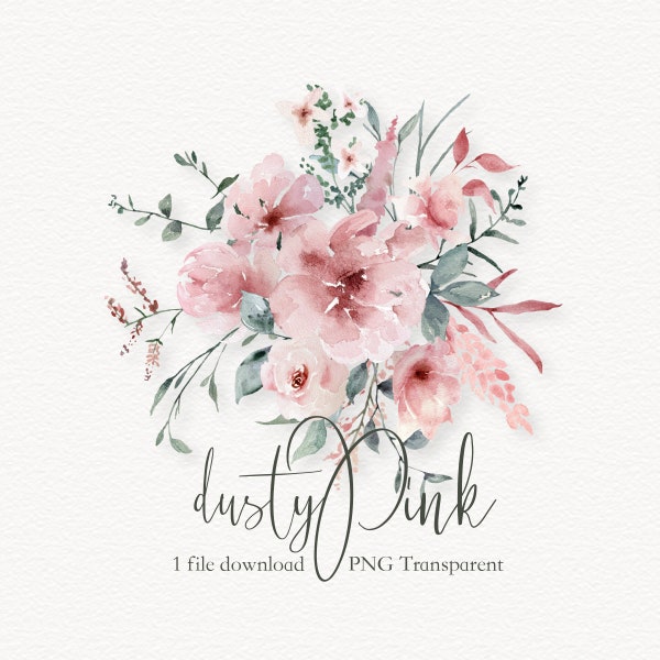 Dusty Rose Floral Watercolor, Dusty Pink Flowers,  Lilacs, Roses, Peonies Hand painted Arrangement png clip art Summer Spring Winter Wedding