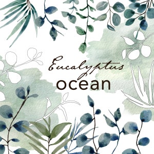Blauwe en groene aquarel eucalyptus, bruiloft bloemen, blauwe en groene bloemen, bloemen illustraties, blauwe eucalyptus illustraties, png-bestanden,