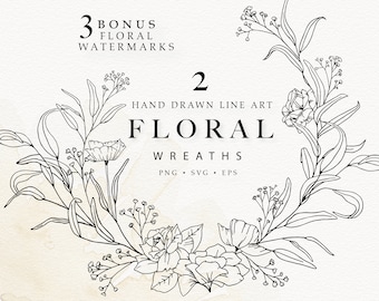Guirnaldas de arte de línea floral, coronas de arte de línea de eucalipto, arte de línea botánica, coronas de flores, invitaciones de boda florales, SVG, PNG de flores silvestres
