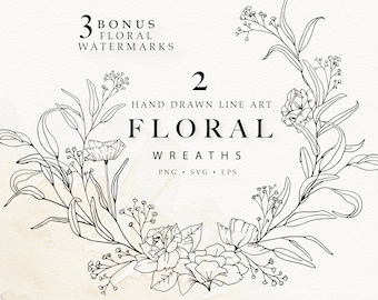 Floral Line Art Wreaths, Eucalyptus Line Art Wreaths, Botanical Line Art, Flower Wreaths, Floral Wedding Invites, SVG, Wildflower PNG