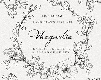 Magnolia Line Art, Magnolia SVG Clip Art, Hand Drawn Magnolia Botanical Wedding Clip Art, Transparent PNG Files, Commercial Use