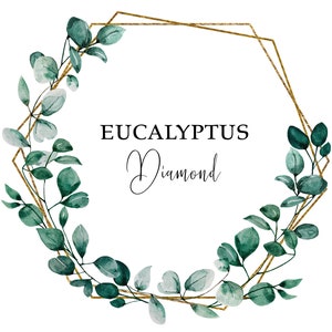Può includere: Illustrazione ad acquerello con una cornice geometrica dorata ornata di foglie di eucalipto in tonalità verdi e verde-blu. Il testo "EUCALYPTUS Diamond" è in nero al centro della cornice.