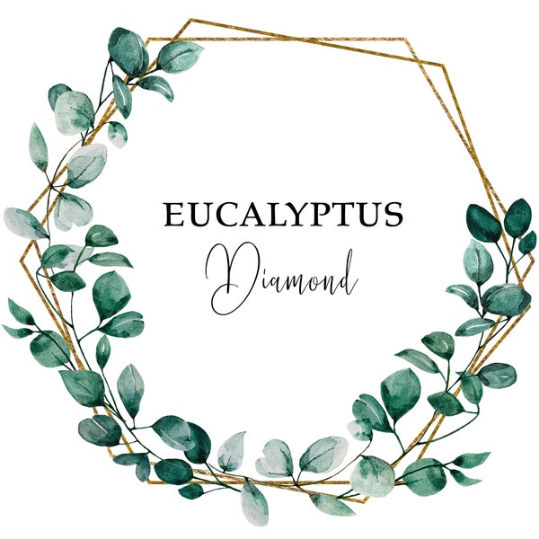 Watercolor Eucalyptus Wreath Diamond Gold Frame, Wedding Invites, Gold Frame, PNG Clip Art, Digital, Transparent