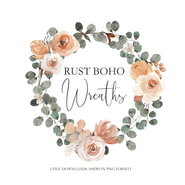 Boho Rust Orange Watercolor Eucalyptus Wreaths Copper Rustic Wreath png clip art Spring Summer Fall Wedding Clip Art