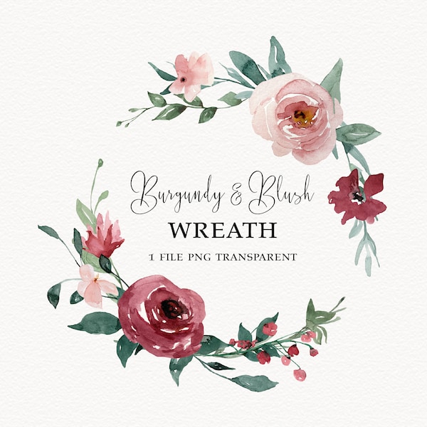 Burgundy and Blush Watercolor Floral Wreath, Dark Red and Cream Wedding Wreath Holiday Wreath Farmhouse PNG Clip Art