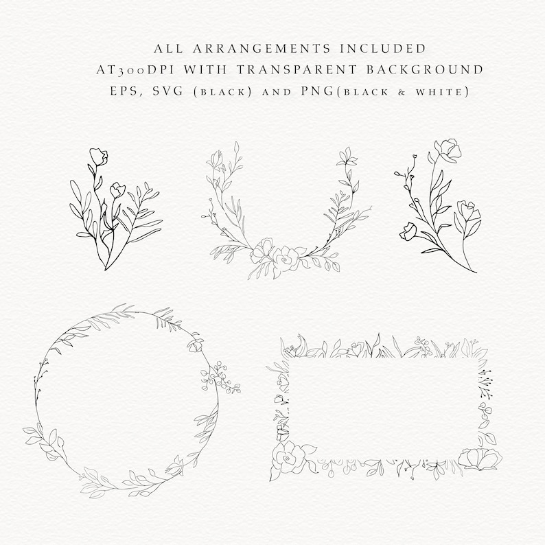 5qty Botanical Minimalism Floral line art Arrangements. All available in EPS, SVG and PNG.