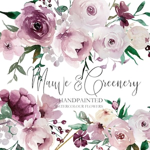 Mauve Aquarell Blumen Clipart Lila Blumen Hochzeit Clipart Mauve Blumen Handgemalt Wein Land Florals Frühling Sommer Herbst und Winter.