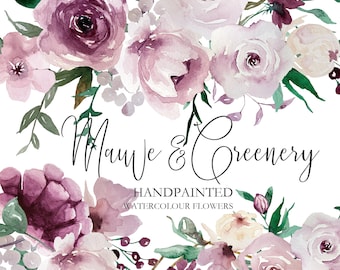 May include: Watercolor painting of mauve and green flowers. The painting features a variety of flowers in shades of purple, pink, and white, with green leaves and stems. The text "Mauve & Greenery" and "Handpainted Watercolor Flowers" is included in the image.