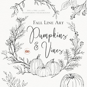 Clipart de outono, arte em linha de abóbora, clipart de outono, abóboras e videiras desenhadas à mão, clipart de convite de casamento de outono, comercial de clipart de Halloween