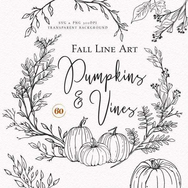 Fall Clipart, Pumpkin Line Art, Autumn Clipart, Hand Drawn Pumpkins and Vines, Autumn Wedding Invite Clip Art, Halloween Clipart Commercial