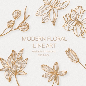 Floral Line Art, Hand Drawn Flower Line Art, Modern Black and White Floral Wedding Clip Art, PNG Files Commercial Use