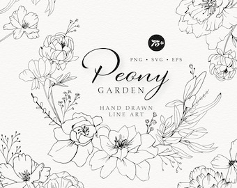 Peony Hand Drawn Line Art, Peony Garden Flower Line Art, Fine Line Floral Art, Botanical Wedding line art, SVG, PNG, Watercolor Watermark