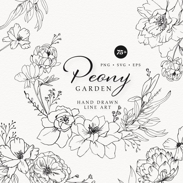 Peony Hand Drawn Line Art, Peony Garden Flower Line Art, Fine Line Floral Art, Botanical Wedding line art, SVG, PNG, Watercolor Watermark